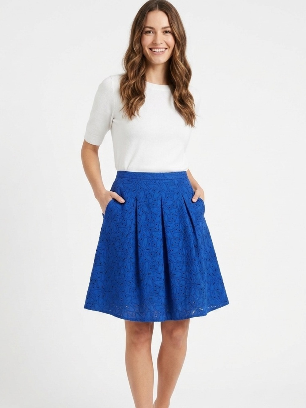 Talbots Bright Blue Floral Eyelet A-Line Skirt Size 12